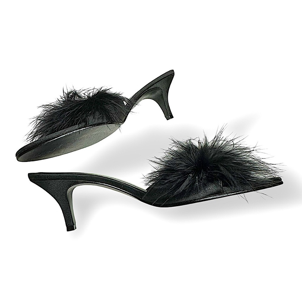 Vintage Victoria's Secret Black Feather Kitten Satin 90s Y2K Heels Size 7